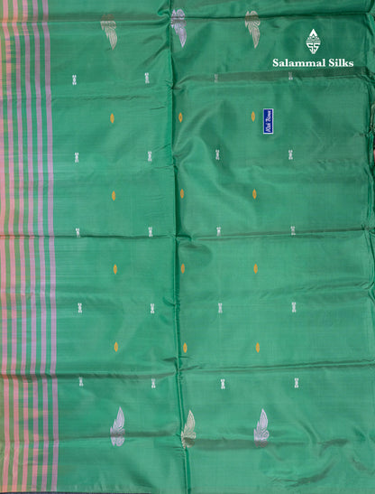 Light Orange Banana Pinth Saree (Vaazhainaar Pattu) With Contrast Saffire Green Blouse