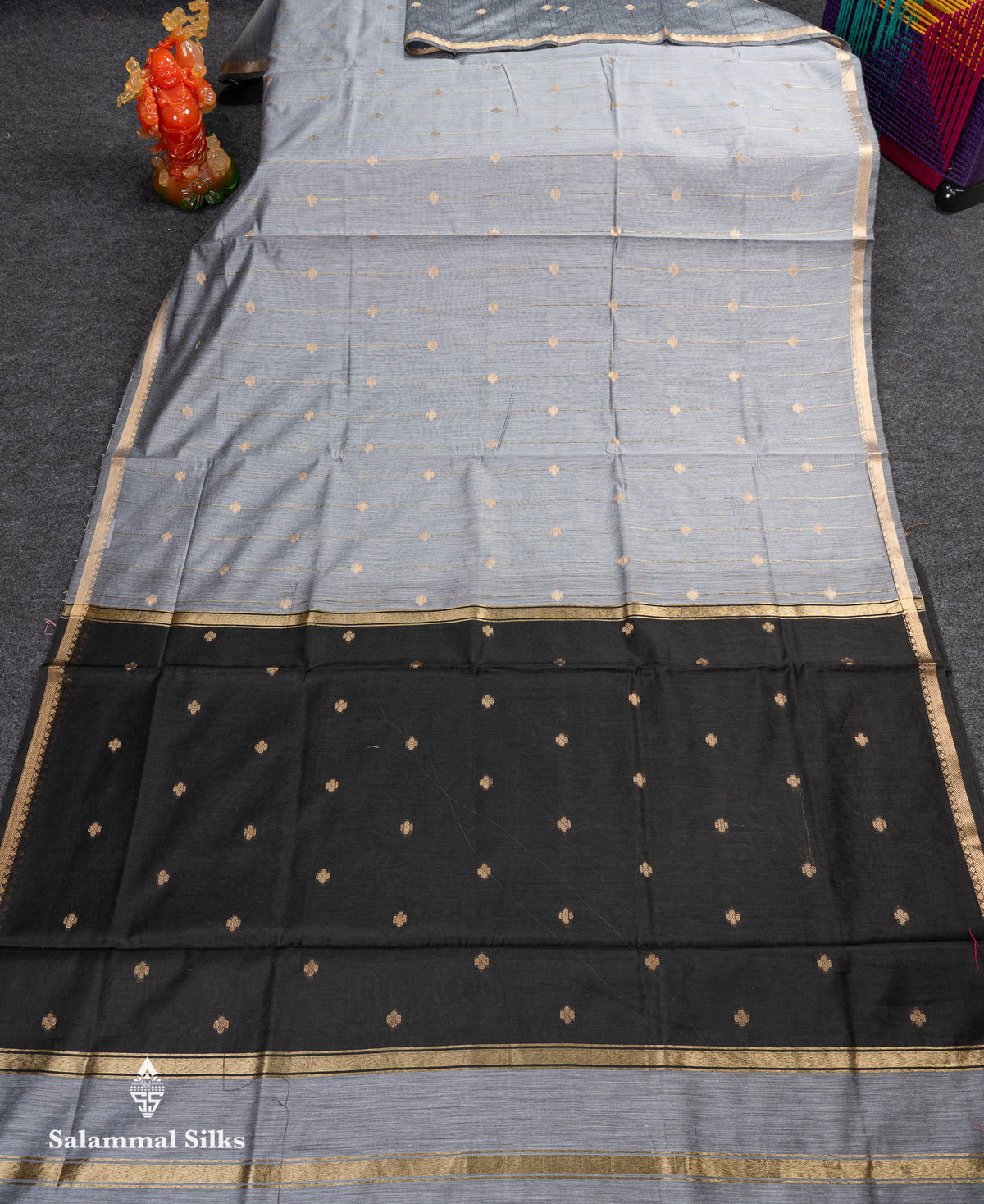 Beautiful Light Grey Stripes With Butta Maheshwar Cotton Saree With Contrast Black Blouse