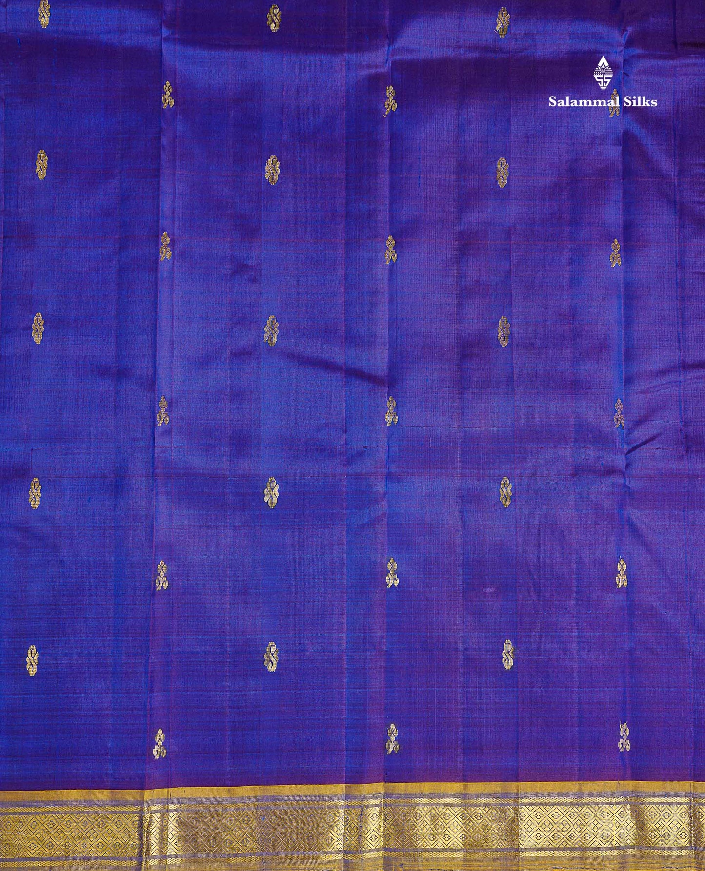 One Side Border Pure Silk Saree - Royal Blue Dual Tone Violet With Contrast Olive Mustard Yellow Small Traditional Border