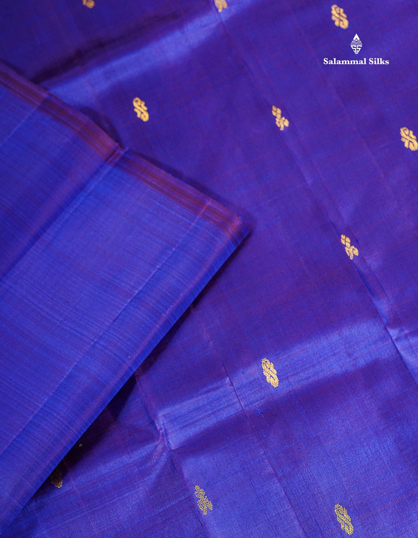 One Side Border Pure Silk Saree - Royal Blue Dual Tone Violet With Contrast Olive Mustard Yellow Small Traditional Border