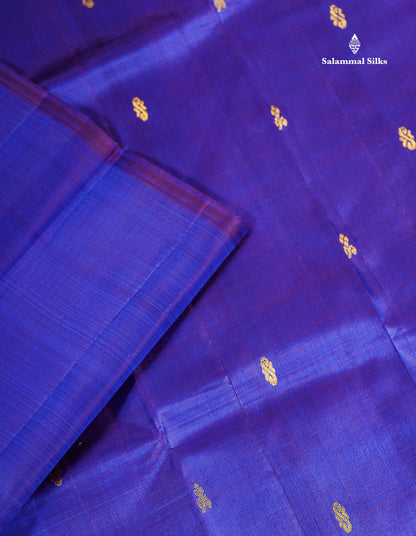 One Side Border Pure Silk Saree - Royal Blue Dual Tone Violet With Contrast Olive Mustard Yellow Small Traditional Border