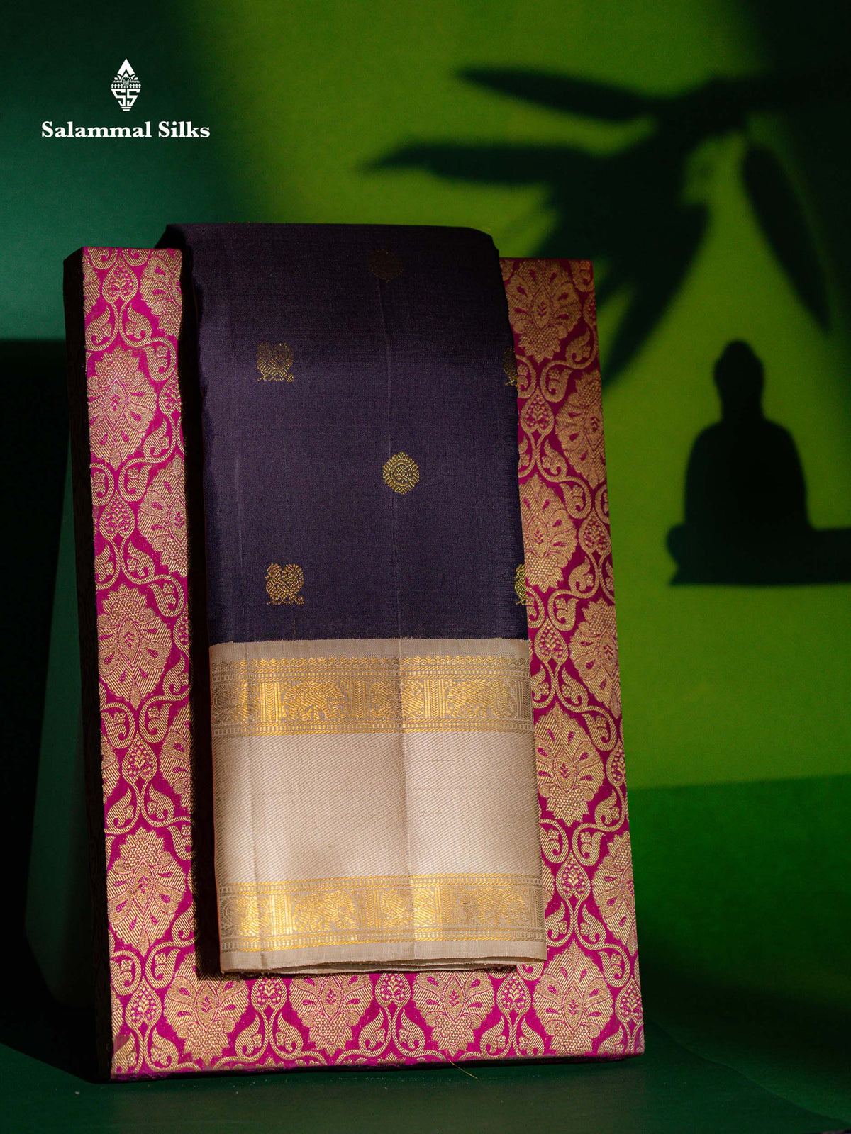 Korvai Beautiful Dark Violet Pure Kanjivaram Silk Saree With Contrast Sandal Traditional Rettapet Border