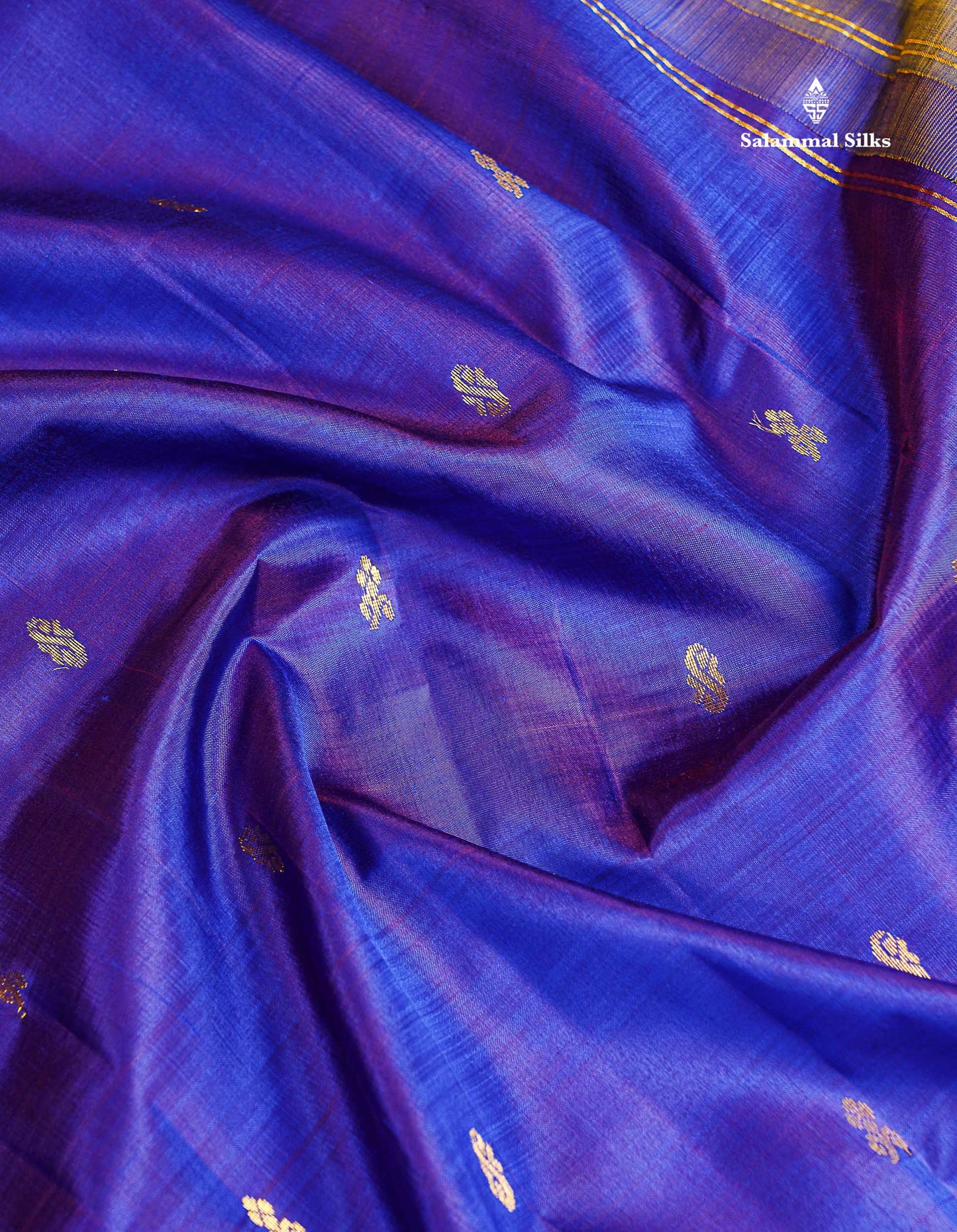 One Side Border Pure Silk Saree - Royal Blue Dual Tone Violet With Contrast Olive Mustard Yellow Small Traditional Border