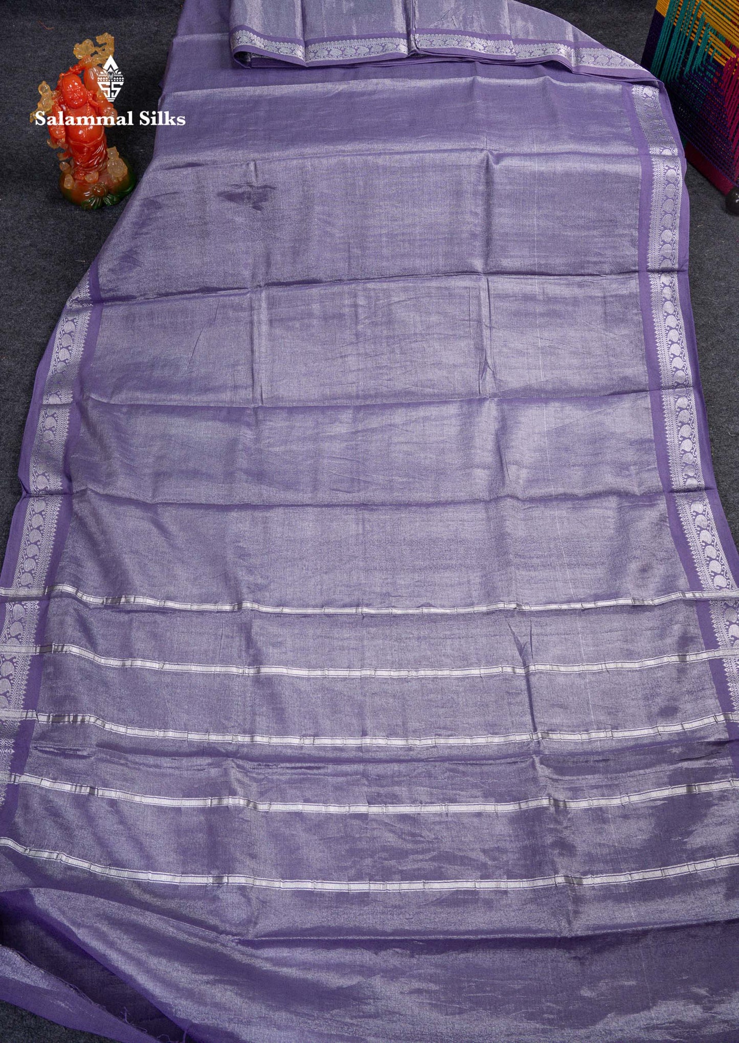 Stunning Pastel Violet Tissue Sungudi Cotton Saree With Small Traditional Silver Zari Border