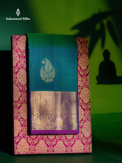 Beautiful Dual Tone Peacock Green Pure Kanjivaram Silk Saree With Contrast Vadamalli Traditional Evening Morning Border
