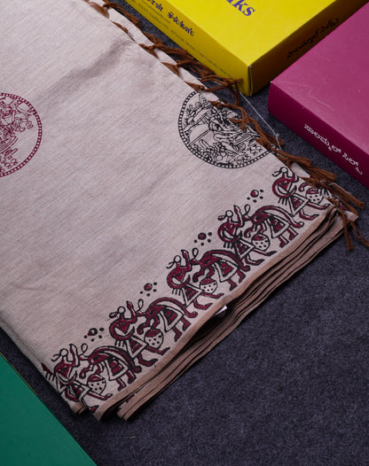 Beautiful Cream Sandal South Cotton Printed Saree With Contrast Reddish Maroon Blouse