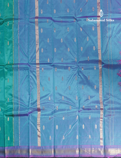 Dual Tone Sapphire Blue Pure Kanjivaram Silk Saree With Contrast Purple One Side Border