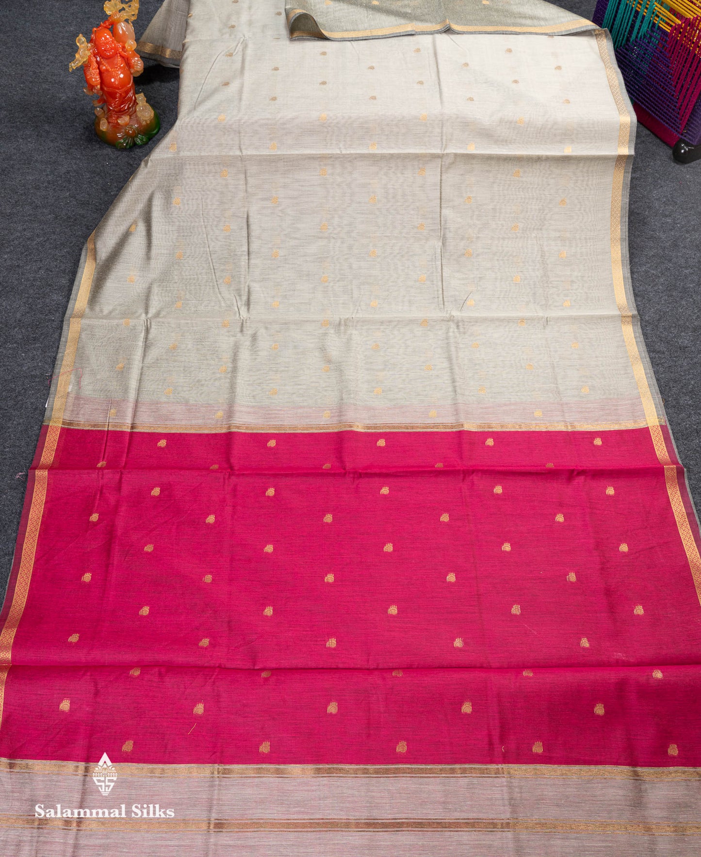Beautiful Cream Grey Maheshwar Cotton Saree With Contrast Pink Blouse