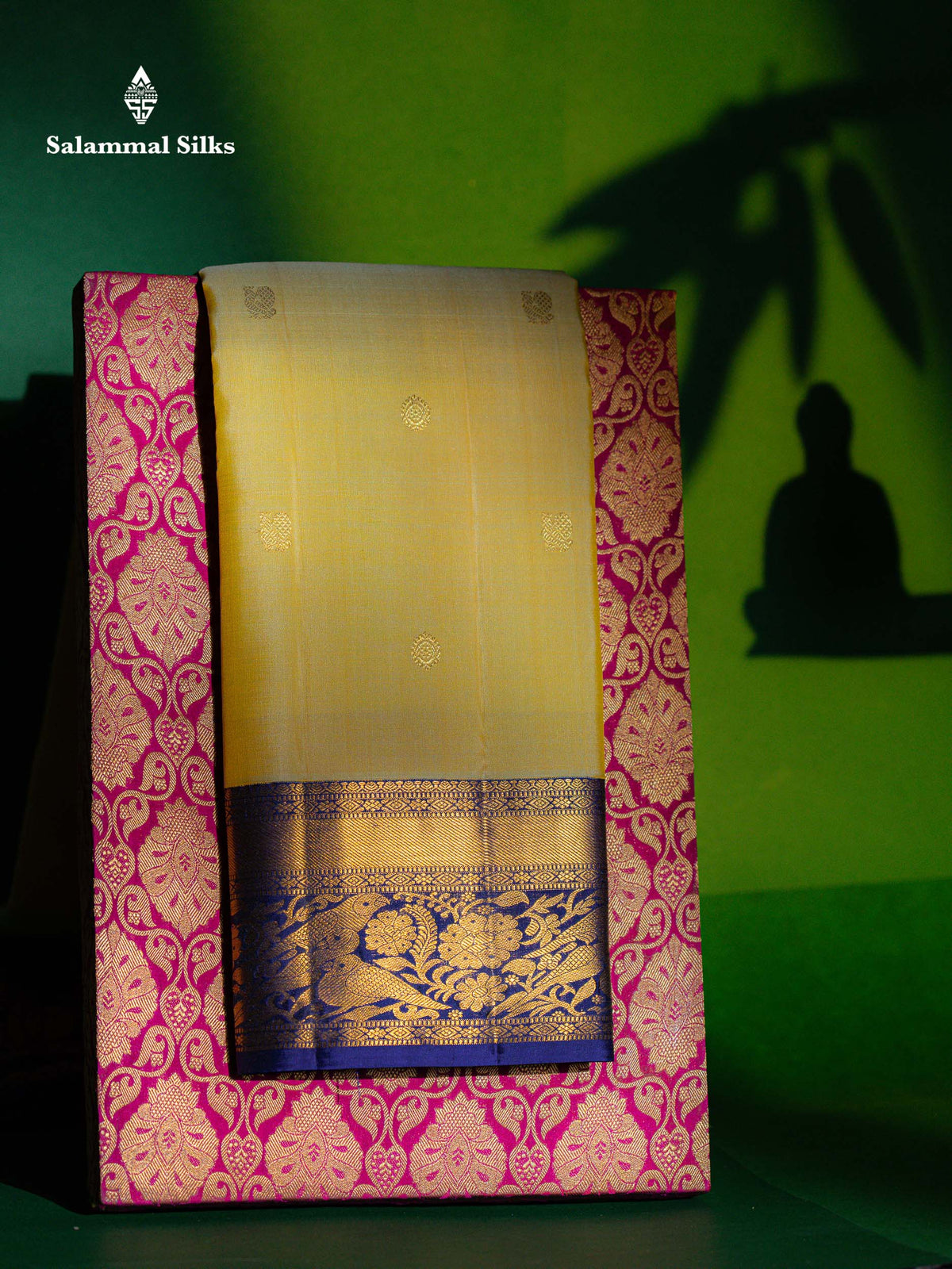 Beautiful Dual Tone Lemon Yellow Pure Kanjivaram Silk Saree With Contrast Navy Blue Traditional Border