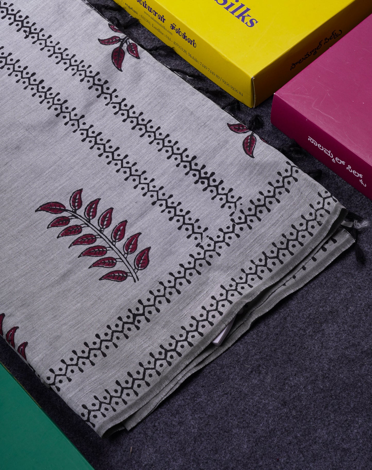 Beautiful Light Grey South Cotton Printed Saree With Contrast Reddish Maroon Blouse