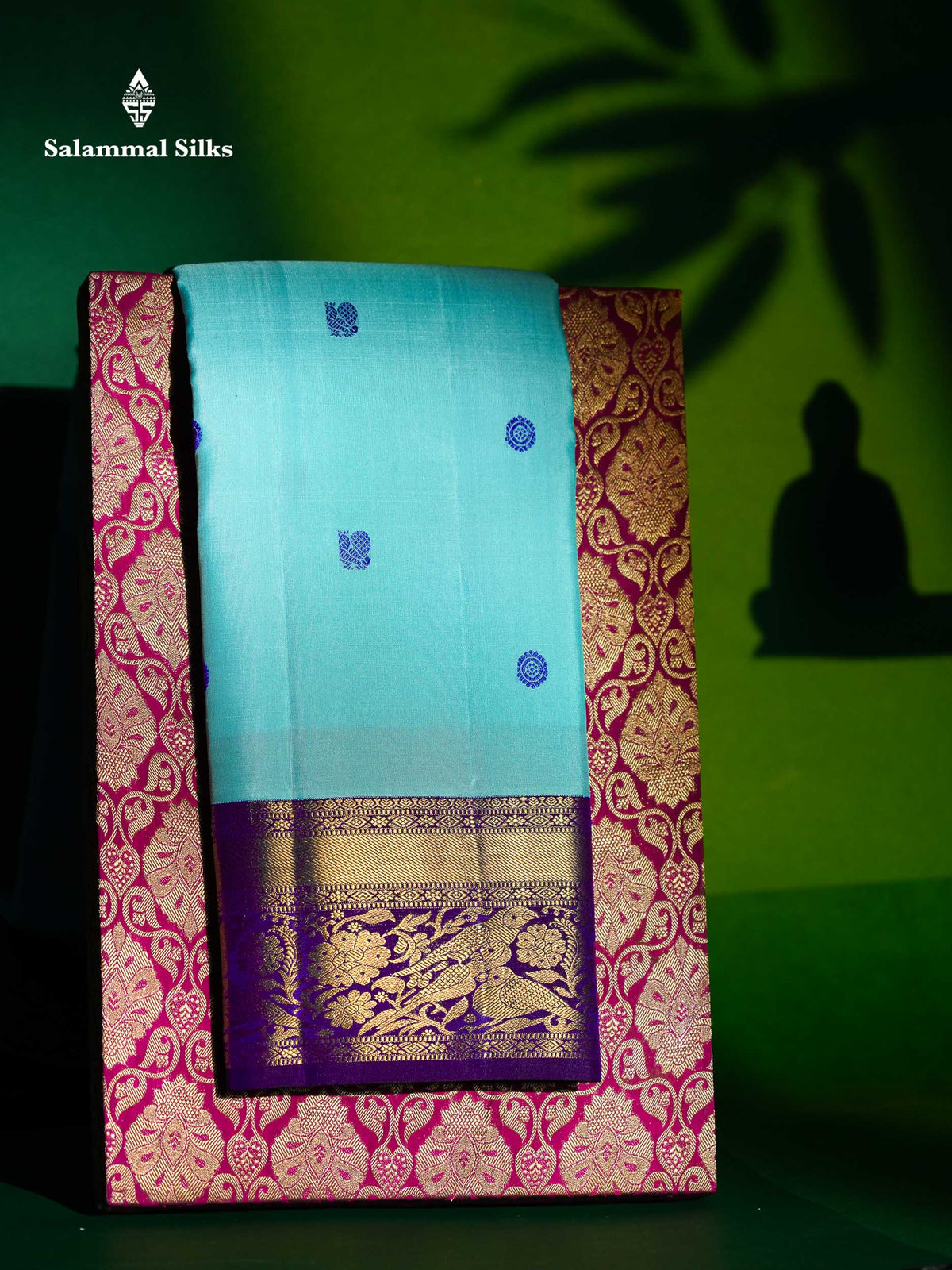 Beautiful Dual Tone Light Blue Peacock & Chakaram Thread Work Butta Pure Kanjivaram Silk Saree With Contrast Navy Blue Traditional Border