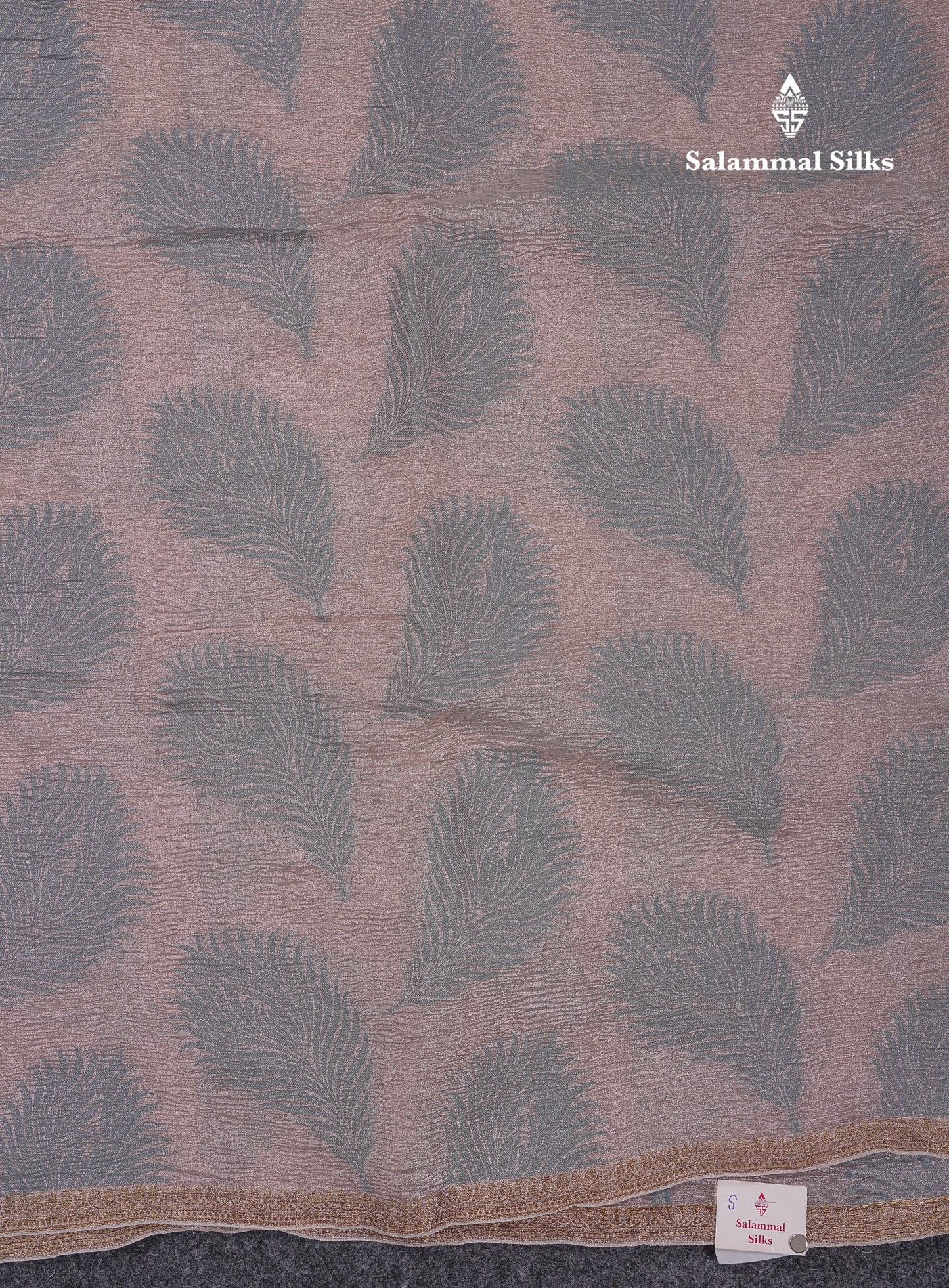 Premium Dark Peach Tissue Crush Fancy Saree With Contrast Blueish Grey Blouse