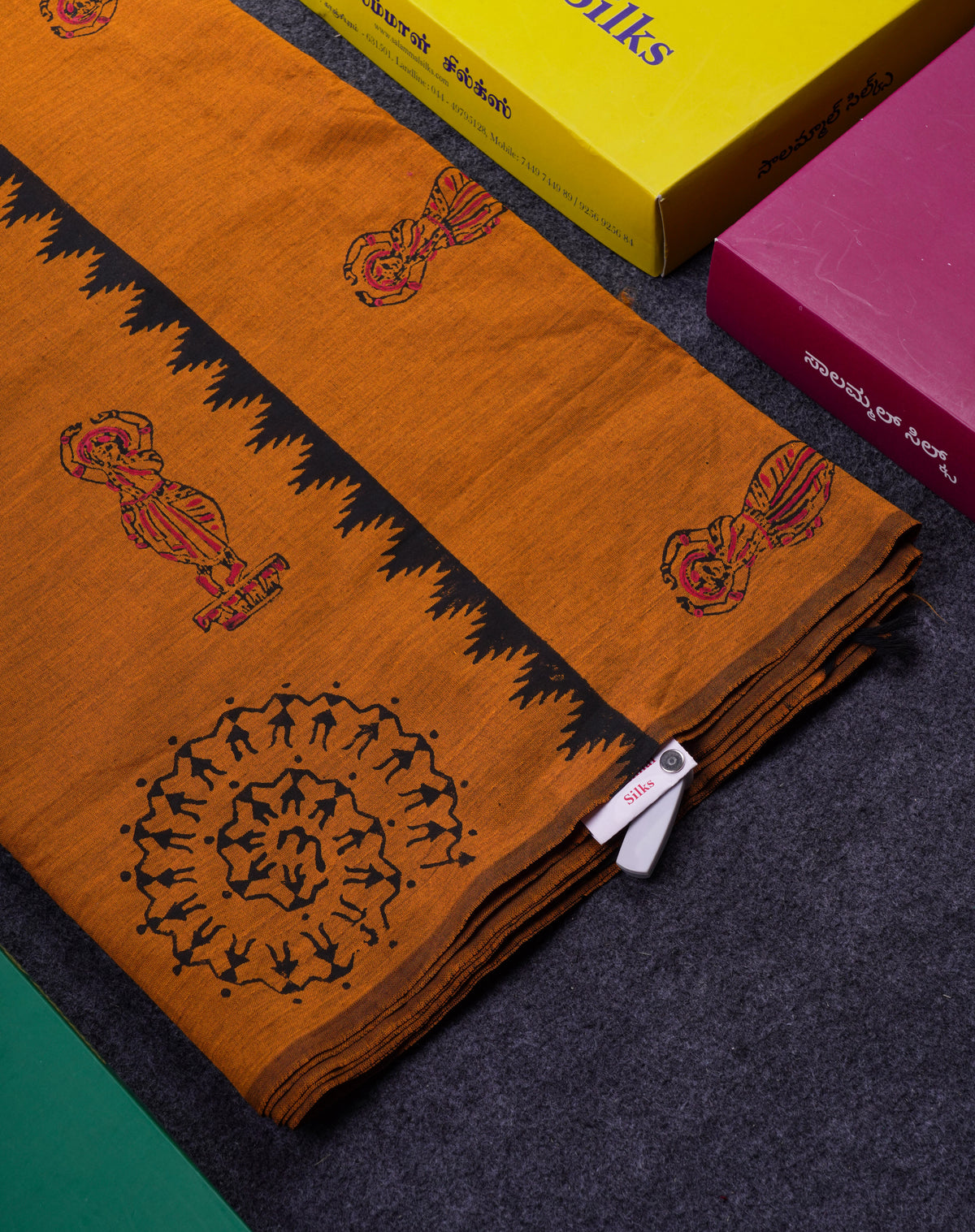 Beautiful Mustard Yellow South Cotton Printed Saree With Contrast Black Blouse