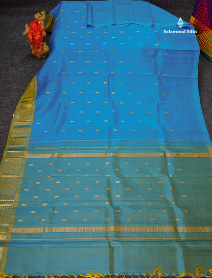 One Side Border Pure Silk Saree - Ananda Blue With Contrast Manthulir Green Traditional Border