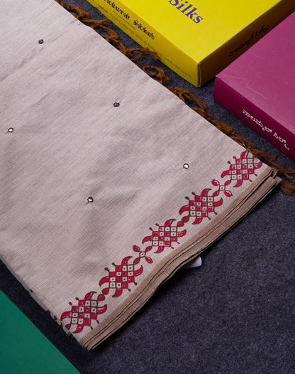 Beautiful Cream Sandal Mirror Work South Cotton Printed Saree With Contrast Brown Blouse