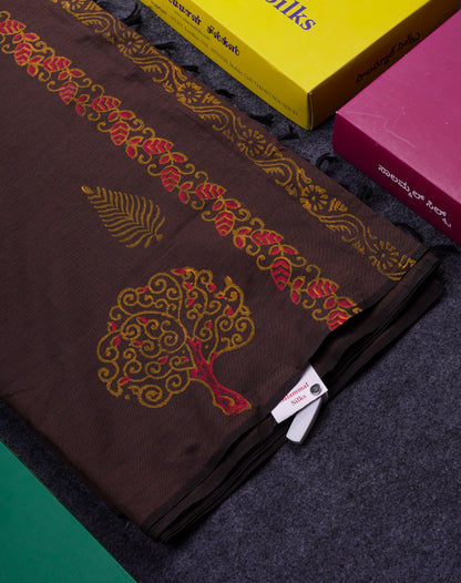 Beautiful Brown South Cotton Printed Saree With Contrast Mustard Yellow Blouse