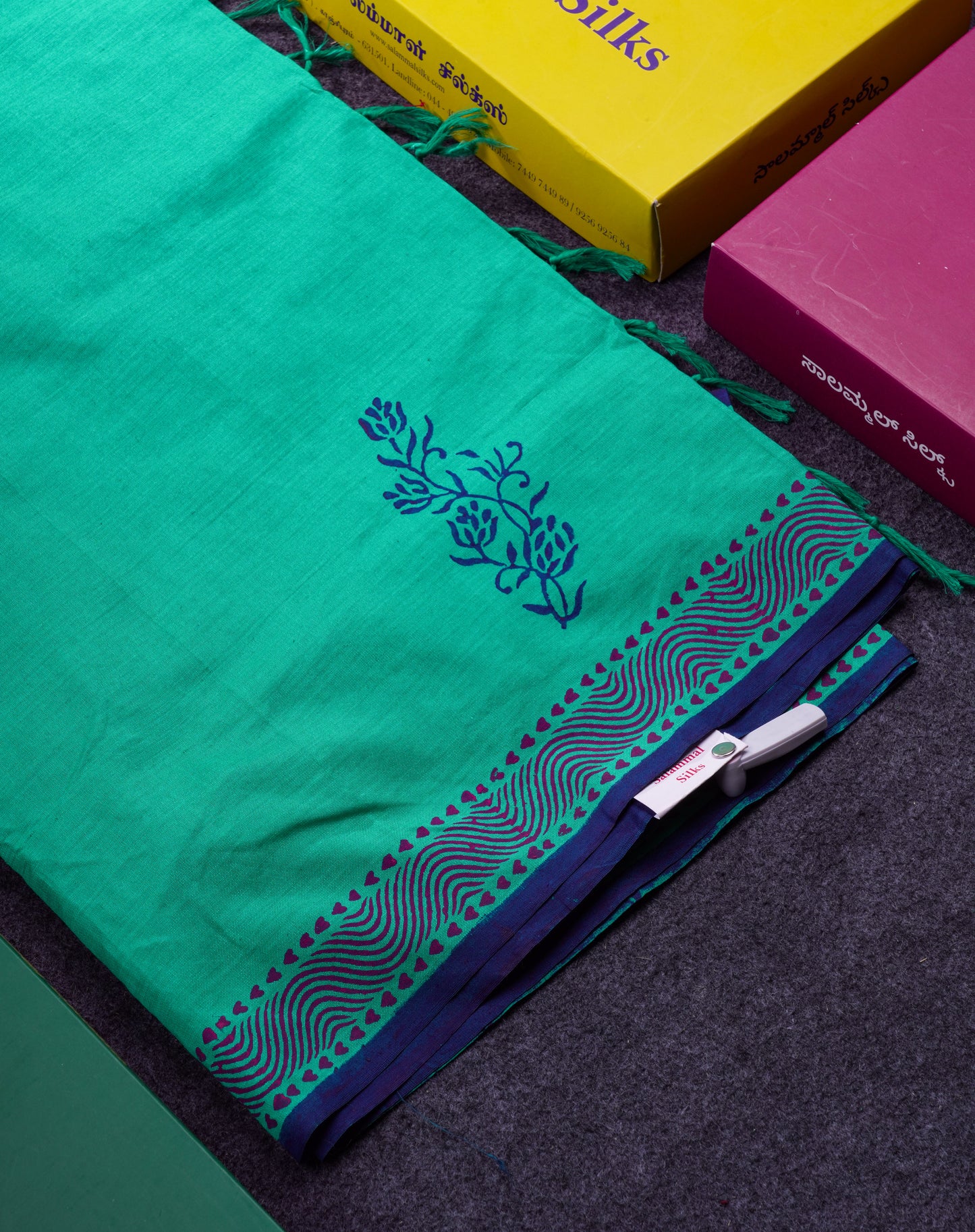 Beautiful Sapphire Green South Cotton Printed Saree With Contrast Violet Blouse
