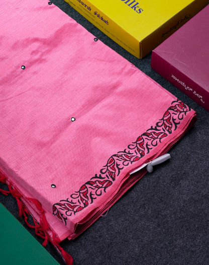 Beautiful Black Mirror Work South Cotton Printed Saree With Contrast Elephant Grey Blouse