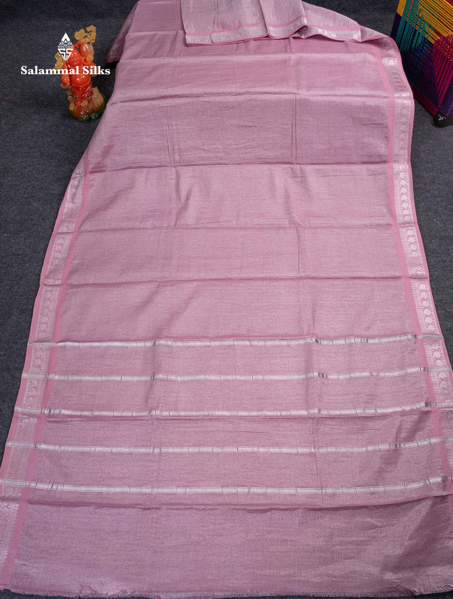 Stunning Pastel Violet Tissue Sungudi Cotton Saree With Small Traditional Silver Zari Border