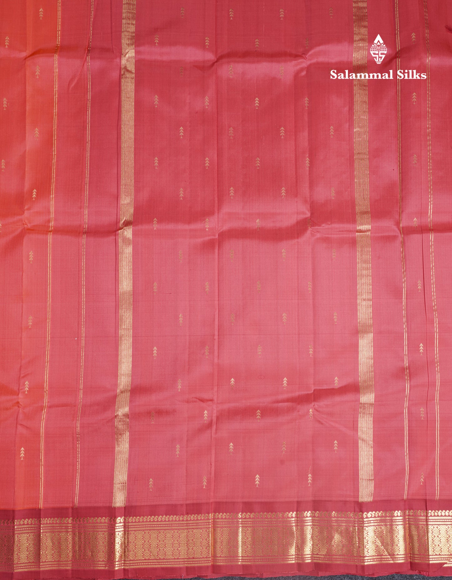 Pinkish Peach Pure Kanjivaram Silk Saree With Contrast Tomato Red One Side Border