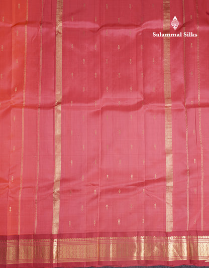 Pinkish Peach Pure Kanjivaram Silk Saree With Contrast Tomato Red One Side Border
