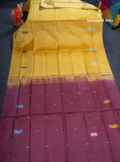 Manthulir Yellow Banana Pinth Saree (Vaazhainaar Pattu) With Contrast Dark Magenta Blouse