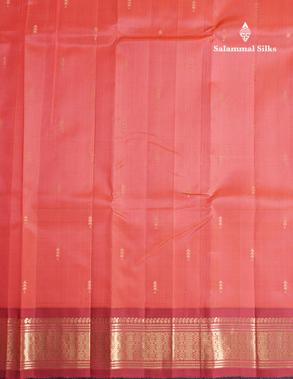 Pinkish Peach Pure Kanjivaram Silk Saree With Contrast Tomato Red One Side Border