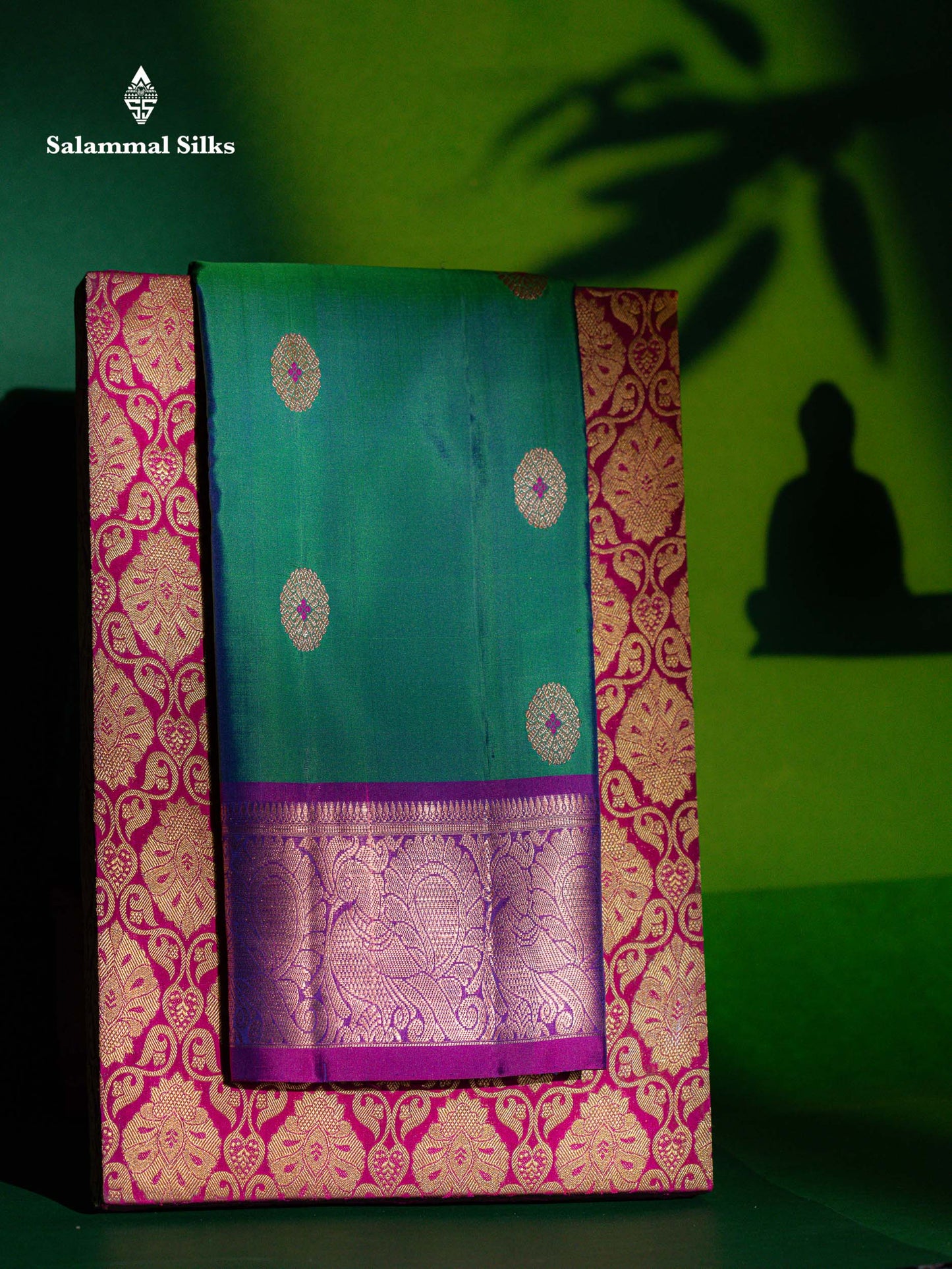 Beautiful Dual Tone Peacock Green Menakari Work Pure Kanjivaram Silk Saree With Contrast Magenta Traditional Border