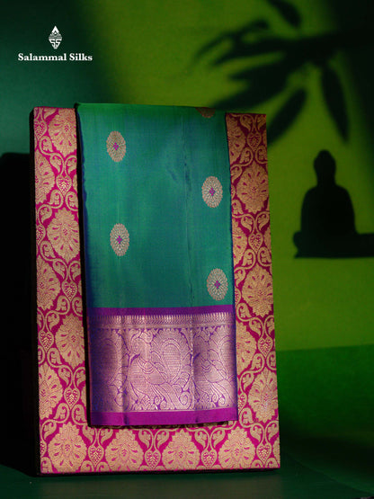 Beautiful Dual Tone Peacock Green Menakari Work Pure Kanjivaram Silk Saree With Contrast Magenta Traditional Border