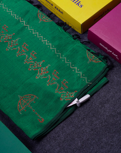 Beautiful Green South Cotton Printed Saree With Contrast Reddish Orange Blouse