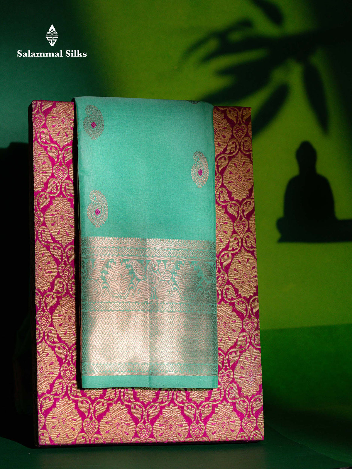 Beautiful Sapphire Green Menakari Work Pure Kanjivaram Silk Saree With Traditional Evening Morning Border