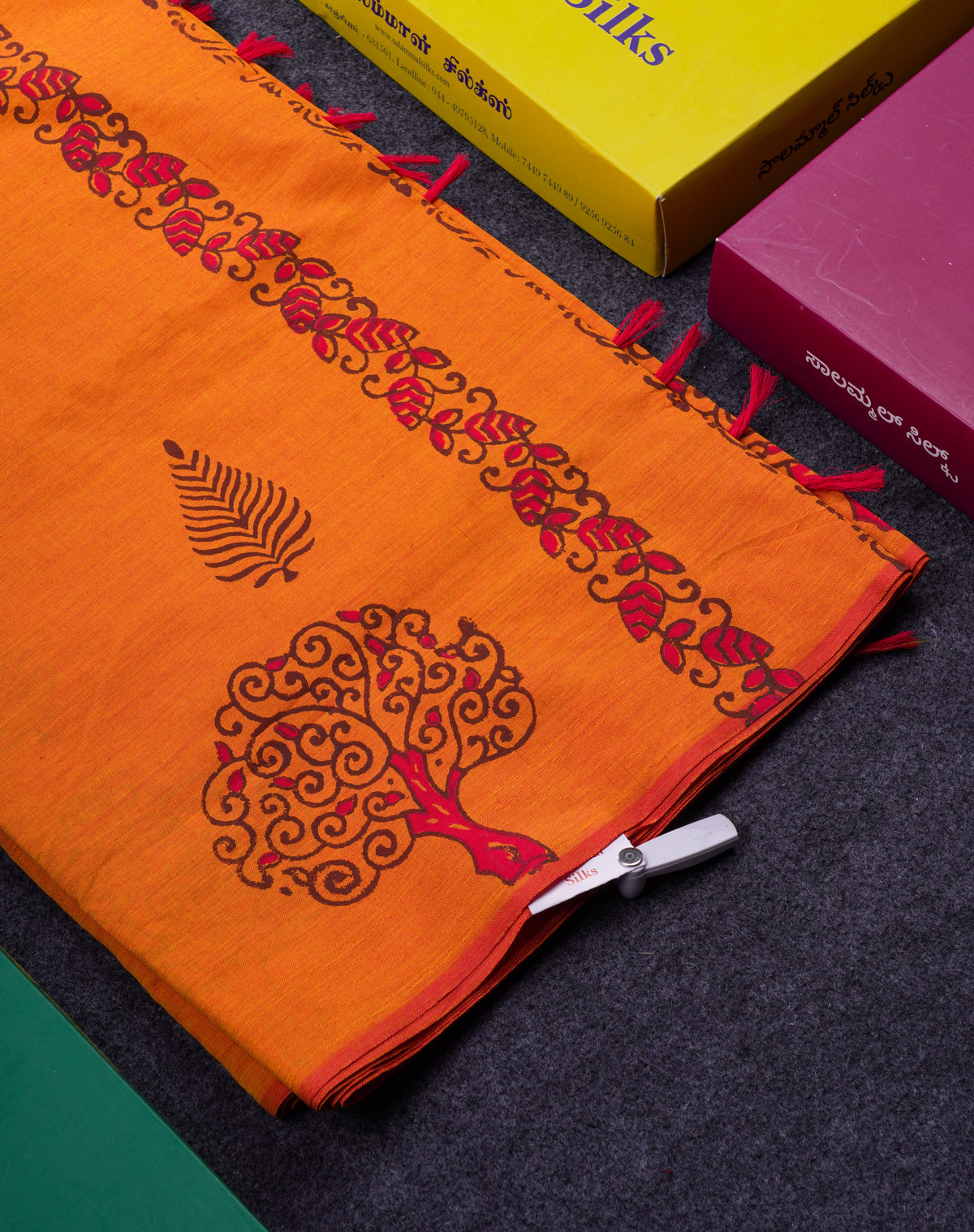 Beautiful Orange South Cotton Printed Saree With Contrast Brown Blouse