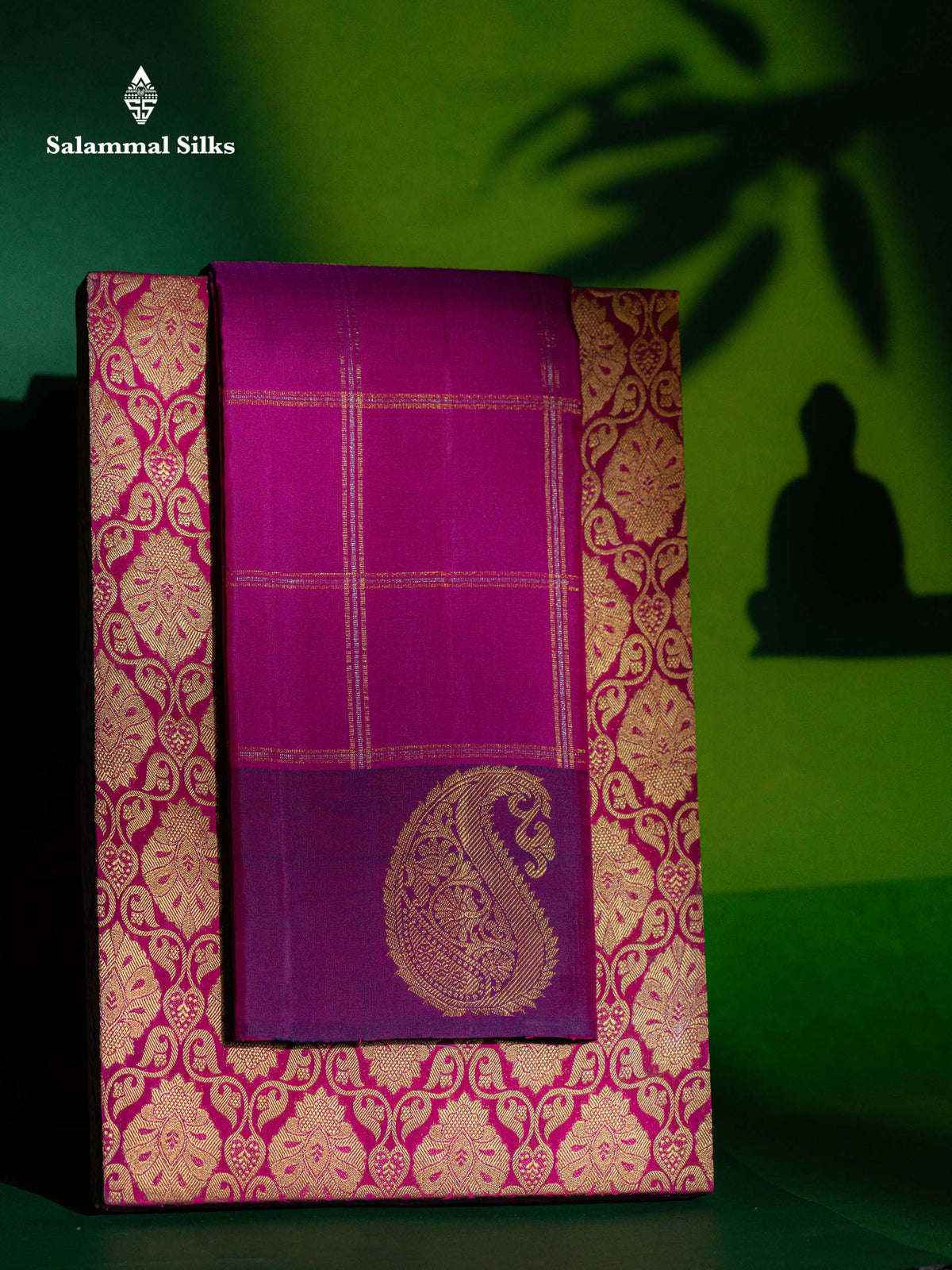 Beautiful Vadamalli Silver & Gold Zari Checks Pure Kanjivaram Silk Saree With Contrast Dark Purple Traditional Border