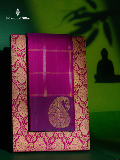 Beautiful Vadamalli Silver & Gold Zari Checks Pure Kanjivaram Silk Saree With Contrast Dark Purple Traditional Border