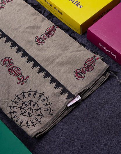Beautiful Elephant Grey South Cotton Printed Saree With Contrast Maroon Blouse