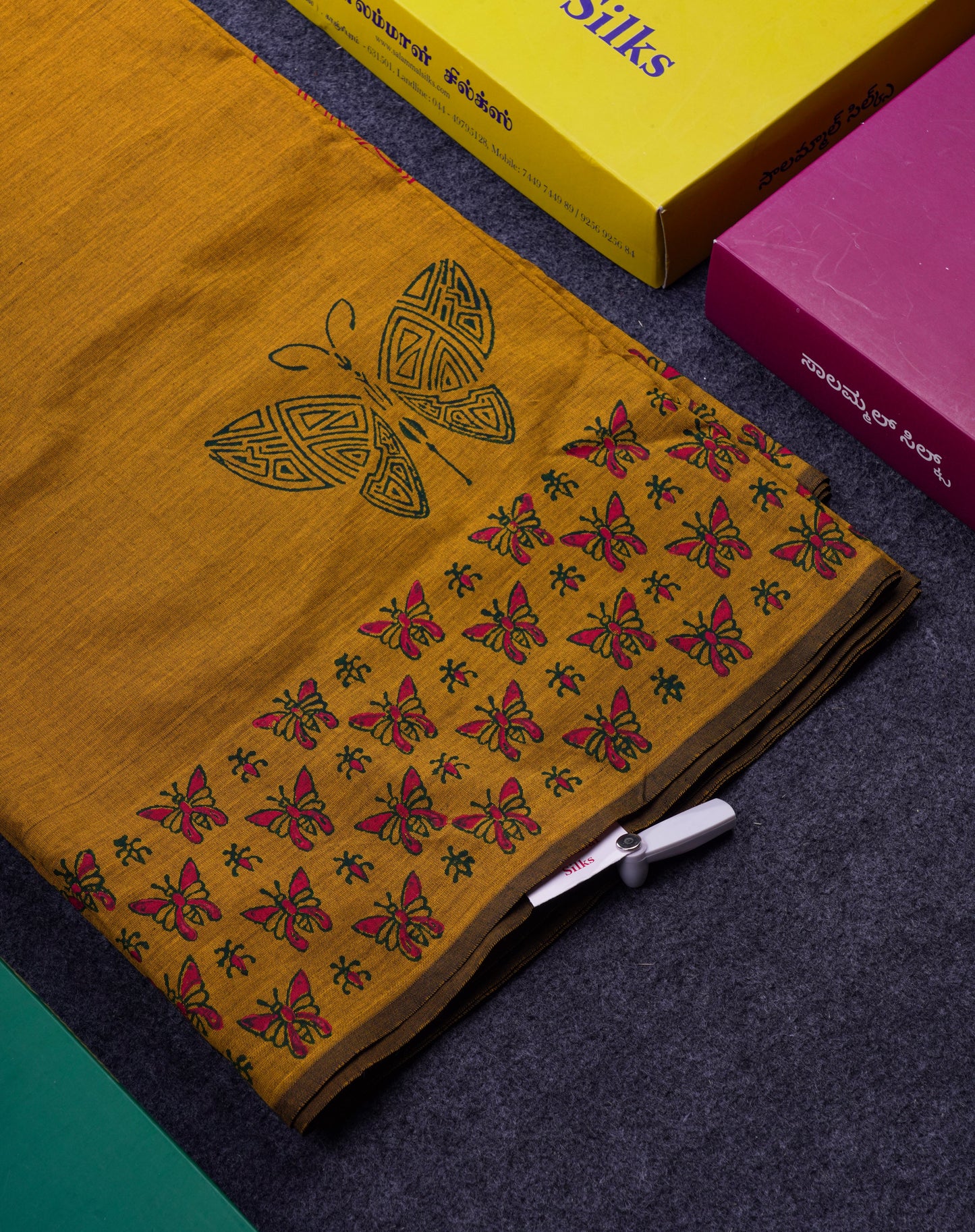 Beautiful Olive Mustard Yellow South Cotton Printed Saree With Contrast Green Blouse