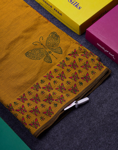 Beautiful Olive Mustard Yellow South Cotton Printed Saree With Contrast Green Blouse