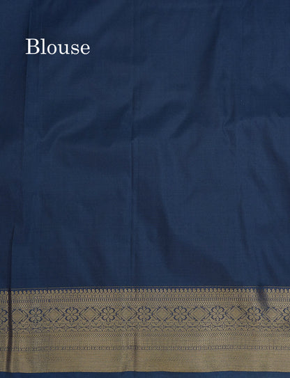 1000 Buttas Grey White Semi Silk Saree With Contrast Navy Blue Border