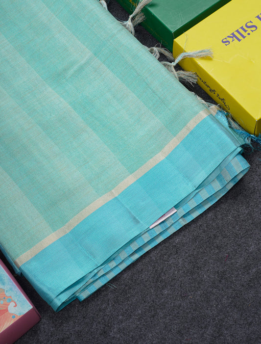 Beautiful Sea Blue Semi Tussar Fancy Saree With Contrast Sky Blue Border