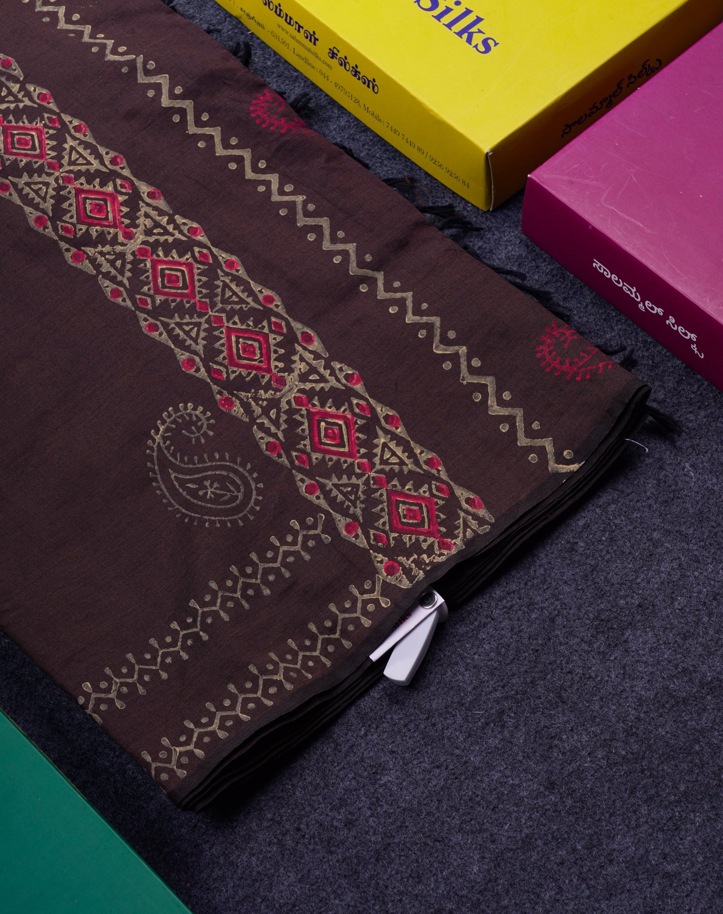 Beautiful Brown South Cotton Printed Saree With Contrast Cream Grey Blouse