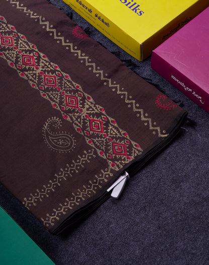 Beautiful Brown South Cotton Printed Saree With Contrast Cream Grey Blouse