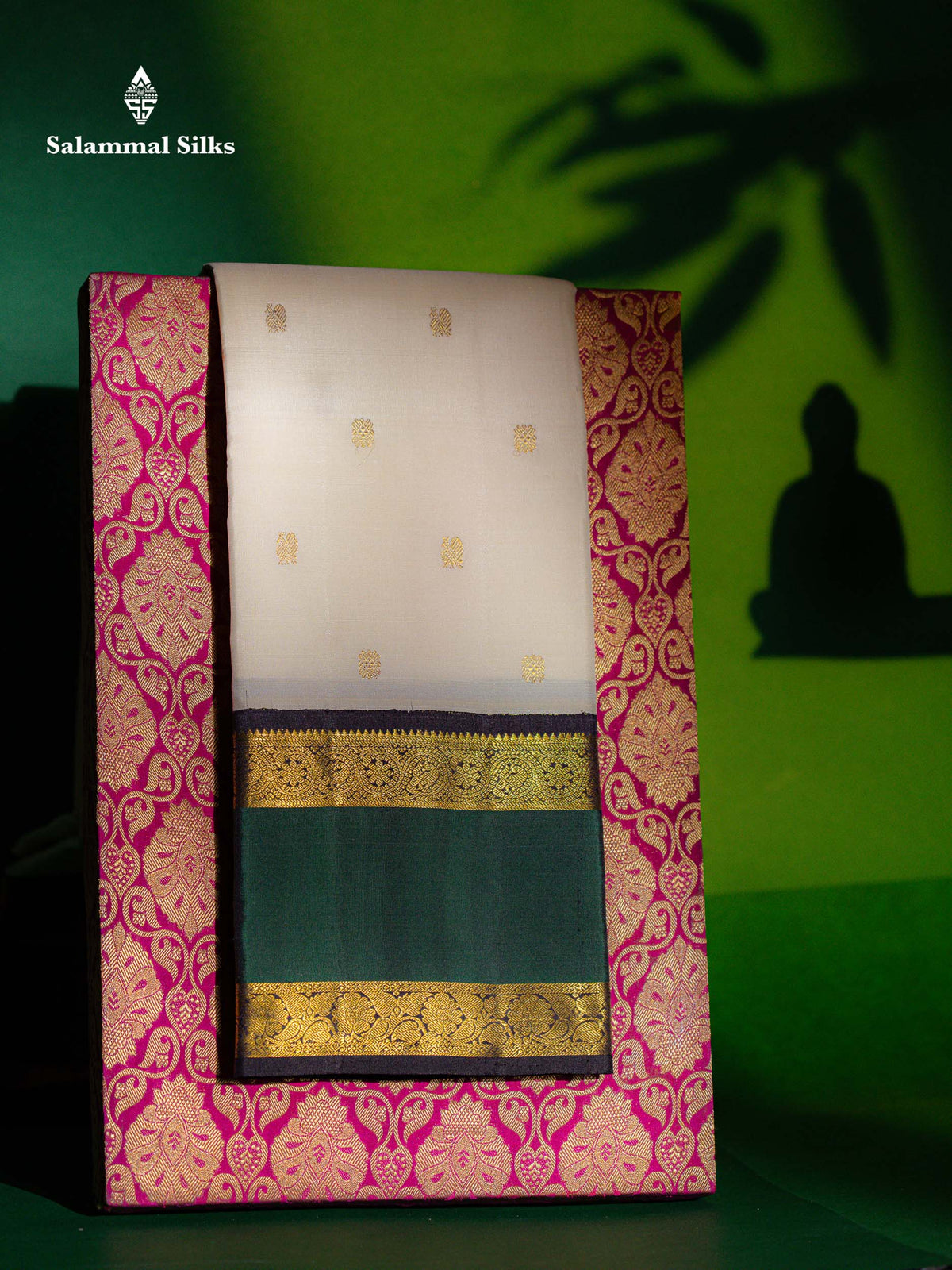 Korvai Beautiful Half White Pure Kanjivaram Silk Saree With Contrast Dark Brown Traditional Rettapet Border