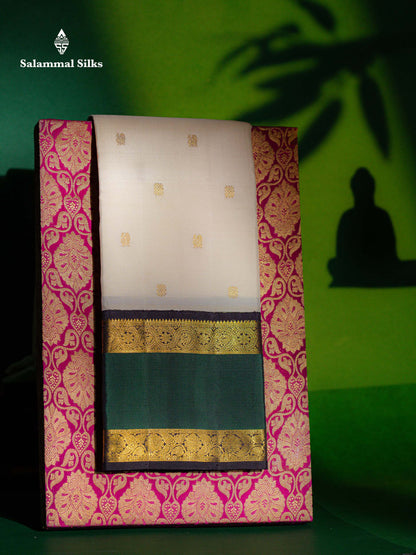Korvai Beautiful Half White Pure Kanjivaram Silk Saree With Contrast Dark Brown Traditional Rettapet Border
