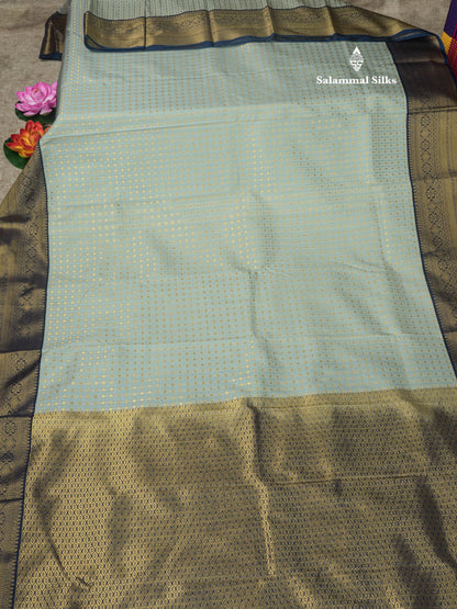 1000 Buttas Grey White Semi Silk Saree With Contrast Navy Blue Border