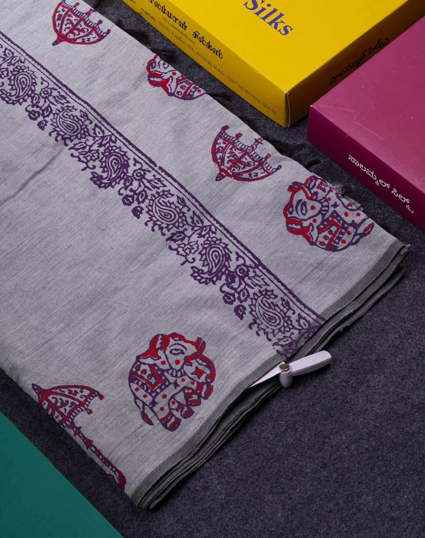 Beautiful Grey White South Cotton Printed Saree With Contrast Dark Purple Blouse