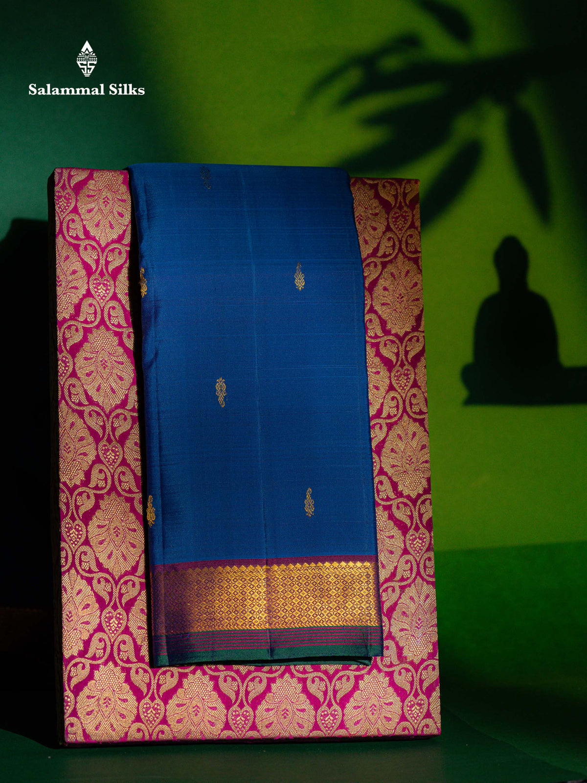 Beautiful Dual Tone Ramar Blue Pure Kanjivaram Silk Saree With Contrast Magenta Traditional Small Border