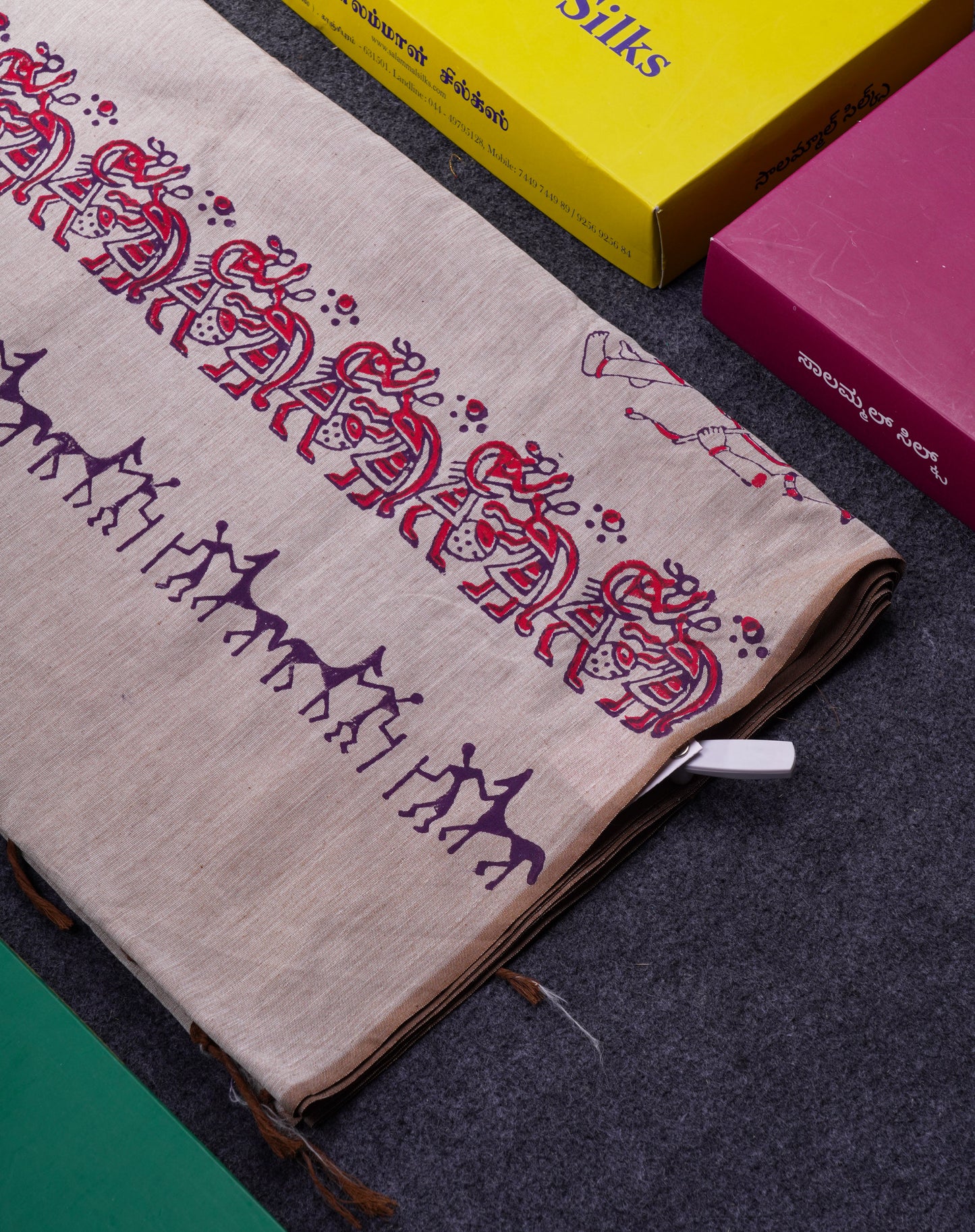 Beautiful Cream Grey South Cotton Printed Saree With Contrast Dark Purple Blouse