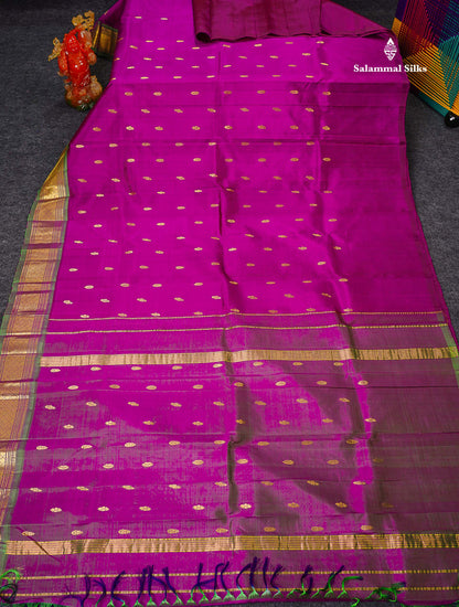 One Side Border Pure Silk Saree - Dual Tone Pink With Contrast Dual Tone Green Traditional Border