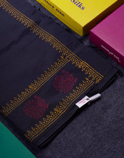 Beautiful Black South Cotton Printed Saree With Contrast Yellow Blouse