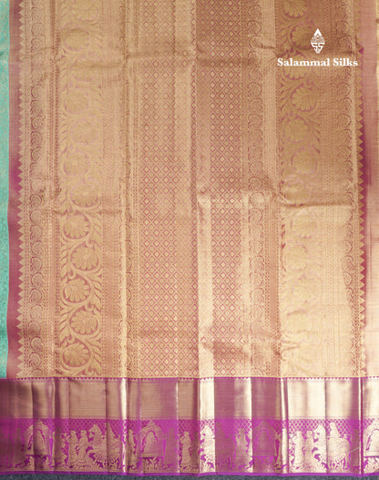 Beautiful Light Green Tissue Bridal Pure Kanjivaram Silk Saree With Contrast Purple Pallaku Border